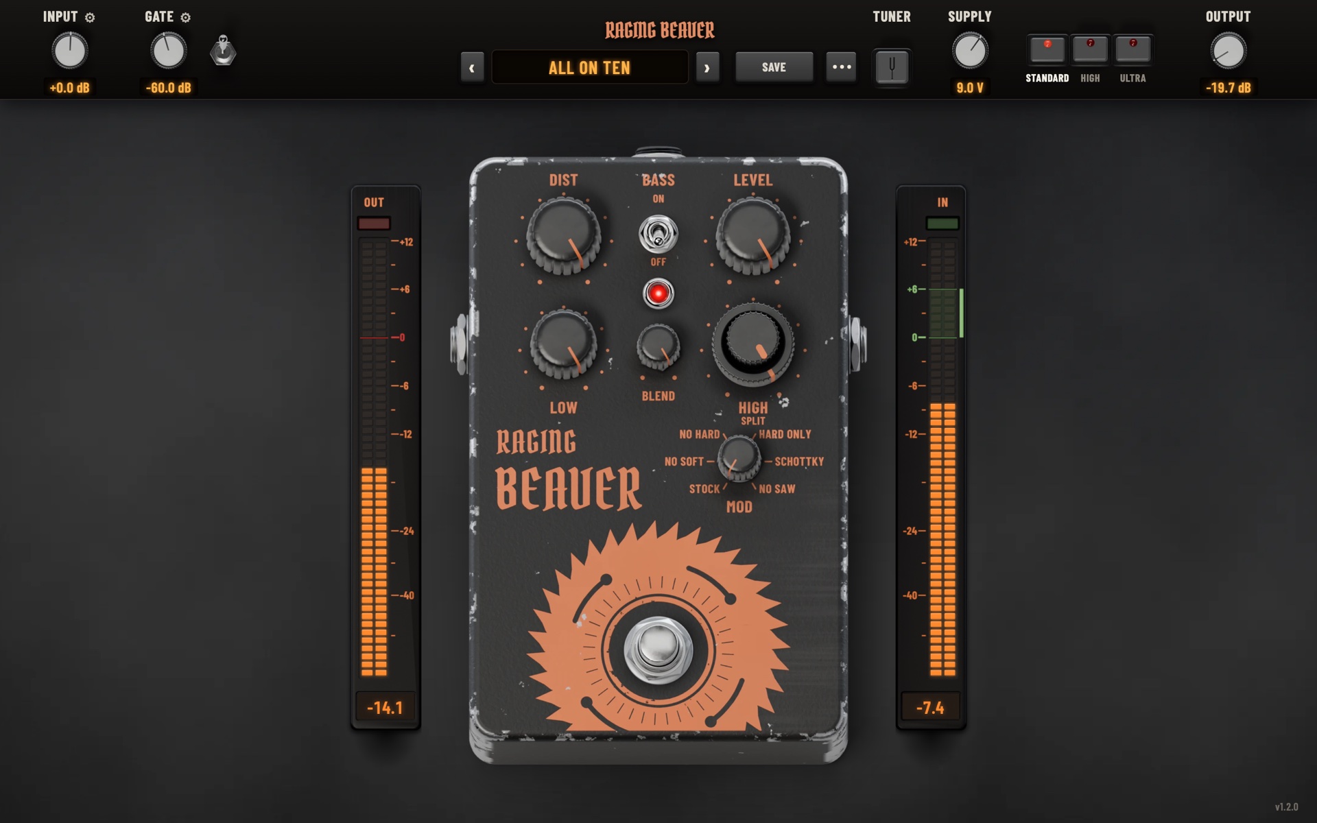 The Raging Beaver interface: an HM-2-style pedal with DIST, LEVEL, LOW, HIGH, BLEND, BASS and the MOD selector.