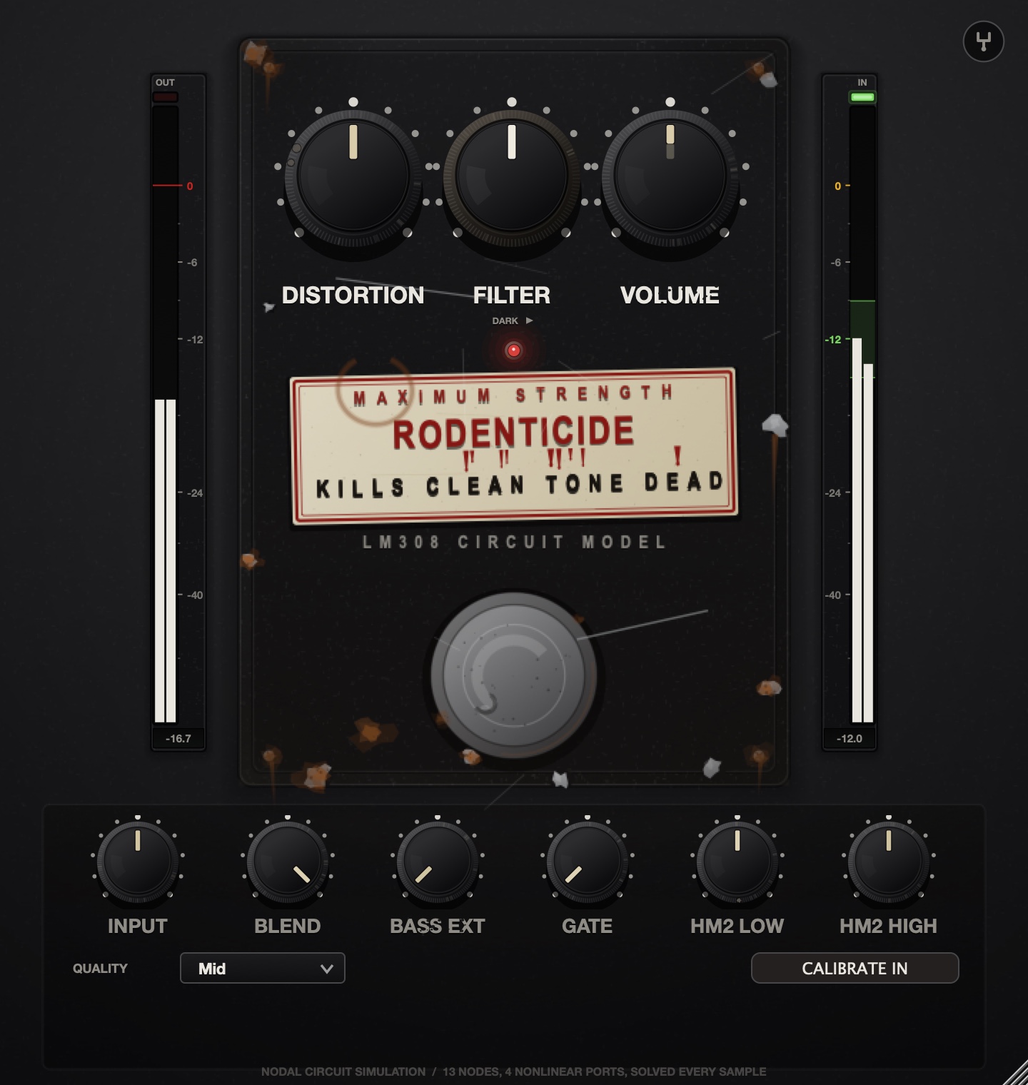 The Rodenticide interface: a black crinkle-finish pedal with DISTORTION, FILTER and VOLUME knobs.